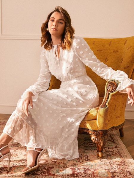 

tie neck swiss dot flounce sleeve dress v9dw#, Black;gray