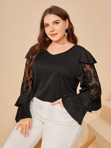 

plus contrast lace ruffle trim tee t6qd#, Black