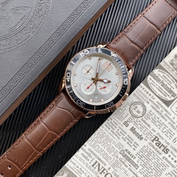 

2023 new six stitches mens watches all dial working quartz watch luxury brand chronograph clock leather belt fashion accessories montre 42mm, Slivery;brown