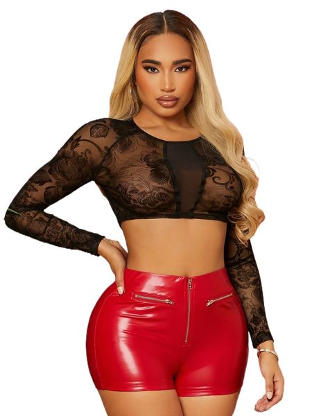 

sxy floral print raglan sleeve sheer velvet crop e5bt#, White