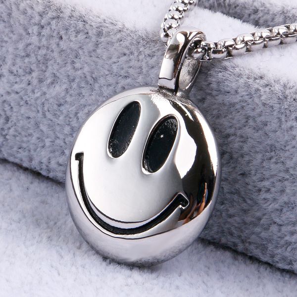 

sweet happy smiley face pendants necklace stainless steel round smile pendant disc jewelry for men women rolo chain 3mm 24'' frien, Silver