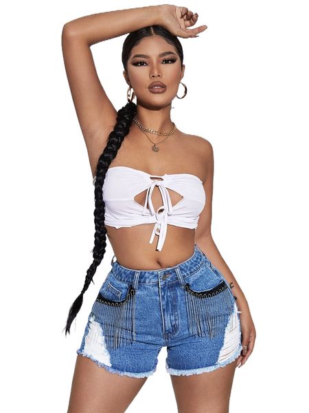 

sxy raw hem ripped fringe trim denim shorts a82i#, White;black