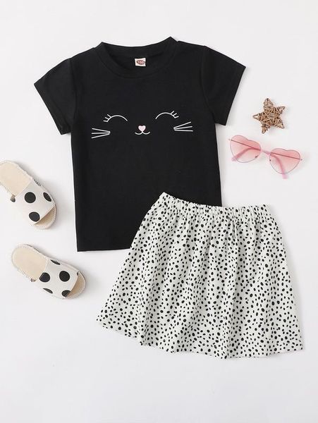 

toddler girls cartoon graphic tee & confetti print skirt she, White