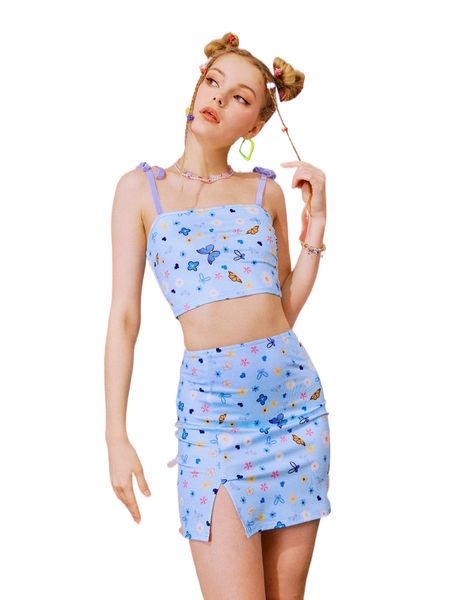 

romwe y2k revival butterfly print tie shoulder cami & split hem skirt i9hp#, White