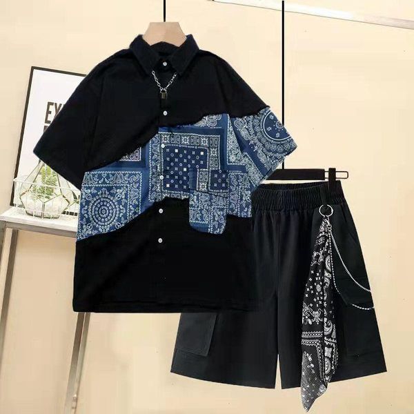 

fashion summer two pant piece set ribbon shorts with shirt streetwear loose and women 2 suit for female, Black;white