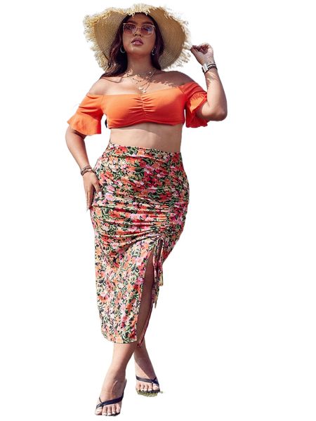 

plus allover floral print drawstring split thigh skirt k3oh#, Black