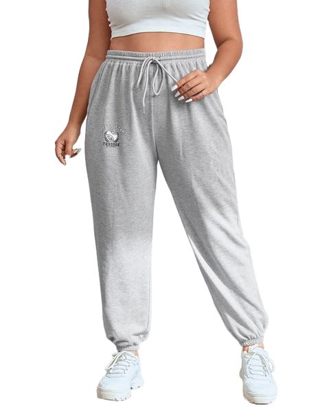 

plus baseball & slogan graphic drawstring waist sweatpants w8dw#, Black