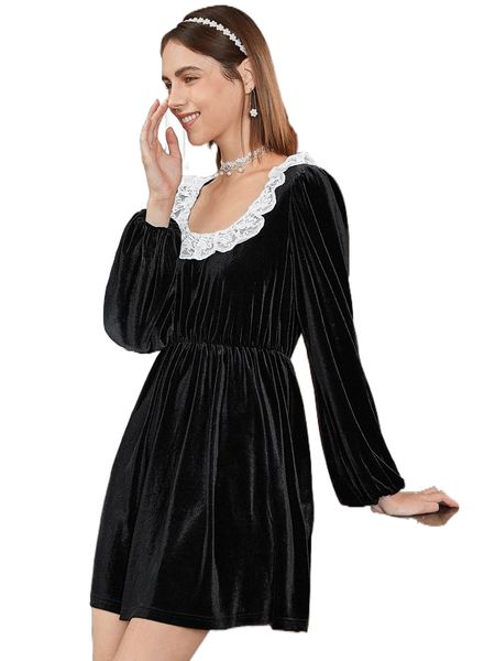 

contrast lace velvet dress x6l6#, Black;gray