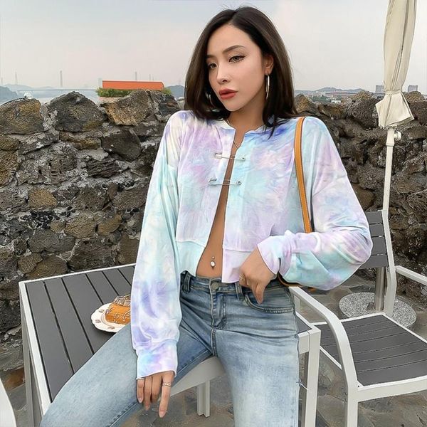 Giacche da donna Cappotto da baseball in velluto a maniche lunghe autunno da donna Giacca con stampa tie-dye sfumata Giacca aperta sul davanti con clip a spillo Casual allentato corto Outw