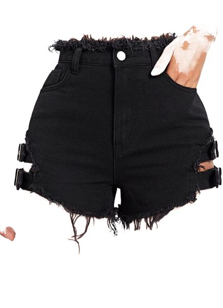 

women's solid denim high waisted frayed raw hem jeans shorts e9ua#, White;black