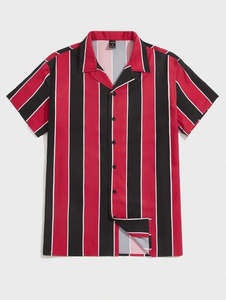

men notched collar striped shirt p9b2#, White;black