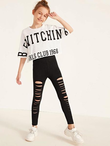 

girls letter graphic tee & ripped leggings set she, White