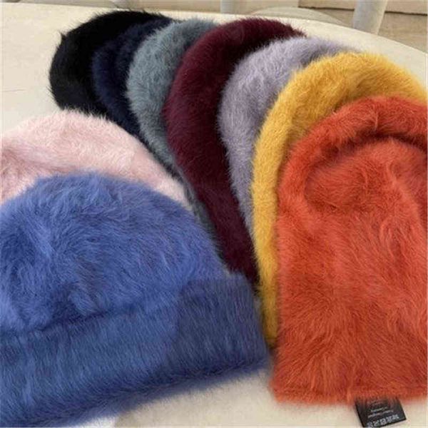 

new pure angora rabbit hair knitted hat fashionable warm wool pullover versatile plush sweater hat winter t220805, Blue;gray