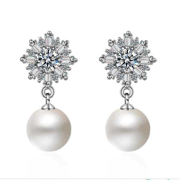 

korean fashion luxury pearl pendant stud earrings for women snowflake shining crystal cz zircon bling diamond sweet flower earings earring e, Golden;silver