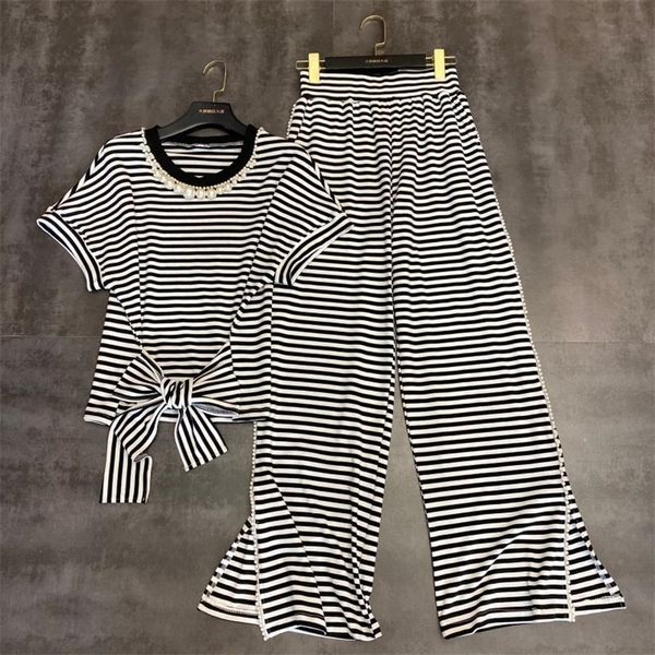 

deat 2020 summer new short sleeve pearls round collar bow bandage elastic wide leg two piece set women striped tracksuit mj061 t200702, White