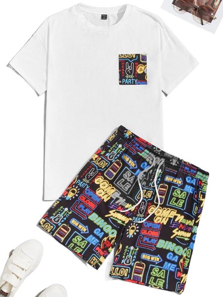 

men letter graphic patch pocket & shorts set 59op#, Gray