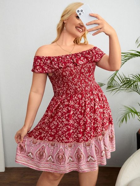 

plus floral print shirred bardot ruffle hem dress e1pk#, Black