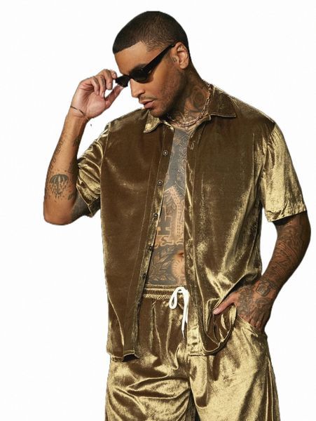 

men velvet shirt & drawstring waist shorts n8gc#, Gray