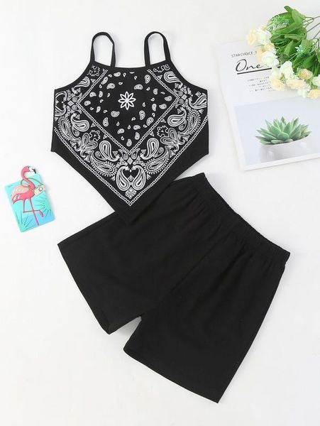 

girls paisley scarf print hanky hem cami & shorts she, White
