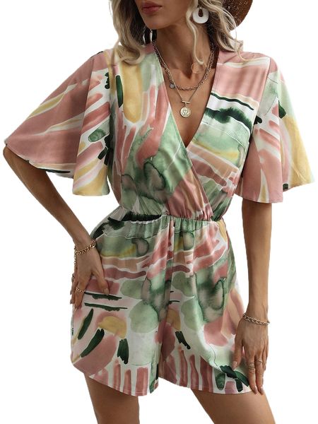 

brush print flutter sleeve overlap collar romper o6pq#, Black;white