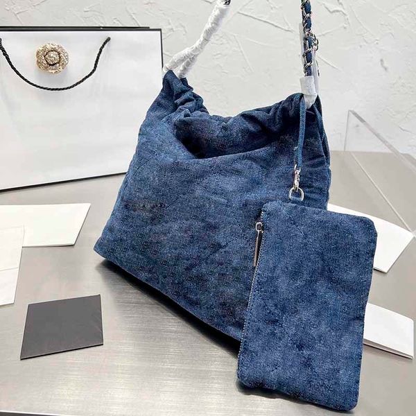 

33cm 2022 women blue tote cowboy denim vintage designer bag full printing two in one gold-tone metal chains coin hardware high capacity