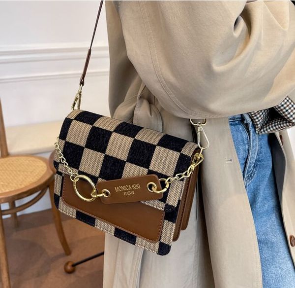 Bolsas de ombro femininas requintadas PU Checkerboard Hit Color Bolsa mensageiro com cordão Compras casuais Bolsas tiracolo