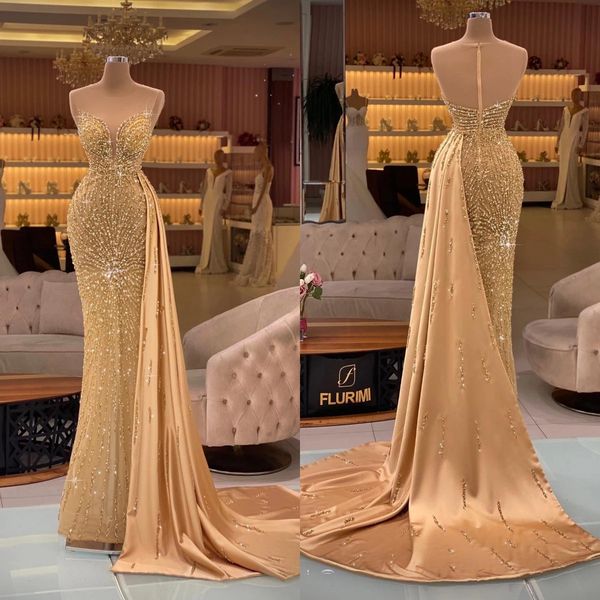 

exquisite gold mermaid evening dresses with detachable train beaded crystal vestidos de fiesta dubai arabic prom gown, Black;red