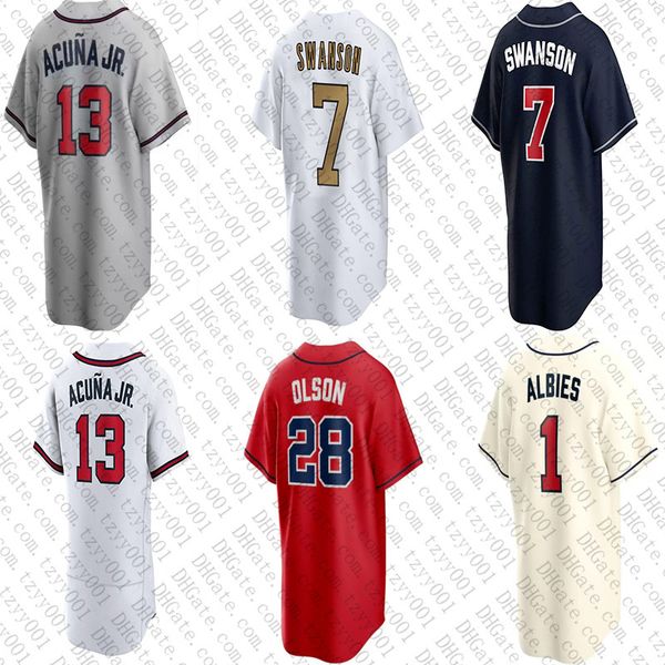 

7 dansby swanson 13 ronald acuna jr. custom baseball jersey 28 matt olson 27 austin riley 1 ozzie albies 10 chipper jones will smith eddie r, Blue;black
