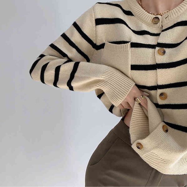 

women's knits & tees lazy wind stripe knitted cardigan women's single breasted round neck long sleeved sweater coat fashion autumn, White