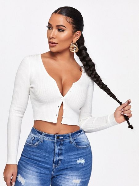 

ribbed button-front cropped cardigan o8np#, White;black