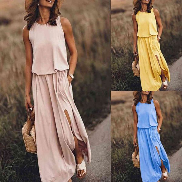 

casual dresses 2022 summer women's round neck sleeveless dress split four-color solid 7lan, Black;gray