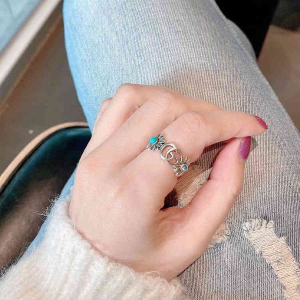 

2023 designer new fashion jewelry ancient family double classic silver plated stripe elf skull enamel daisy ring for men and women