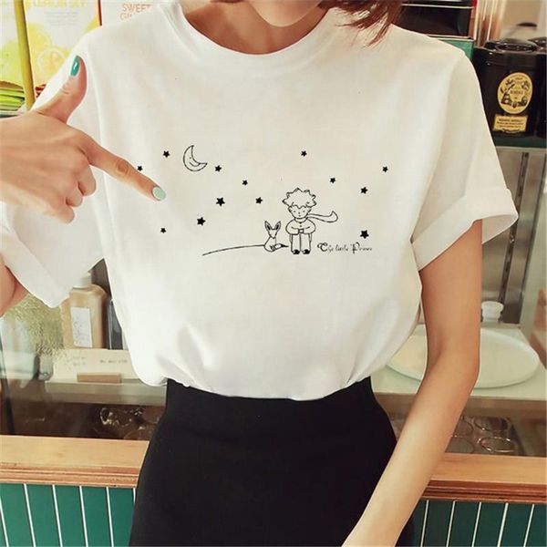 

cartoon little prince print graphic womens t-shirt tees vouge shirts for women o-neck short sleeve, White