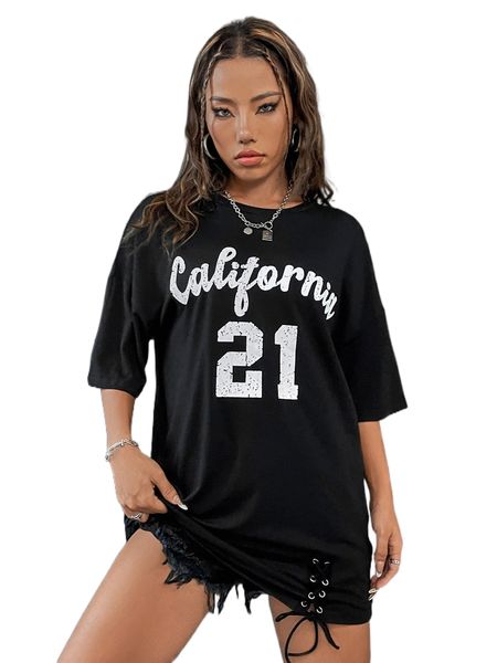

letter graphic drop shoulder lace up hem tee q615#, White