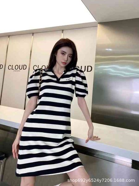 

casual dresses spring and summer xiaozhongchao br knitted striped dress with embroidered print on the collar chest shows thin fashionable 5k, Black;gray