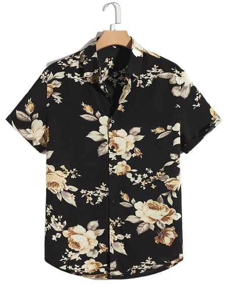 

men floral print cuffed sleeve shirt s5ne#, White;black