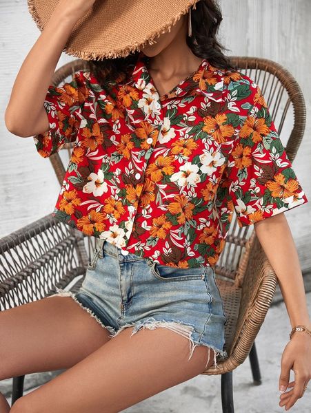 

floral print button through crop blouse v9ir#, White