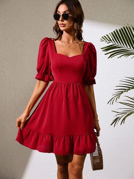 

sweetheart neck ruffle hem dress x1rz#, Black;gray