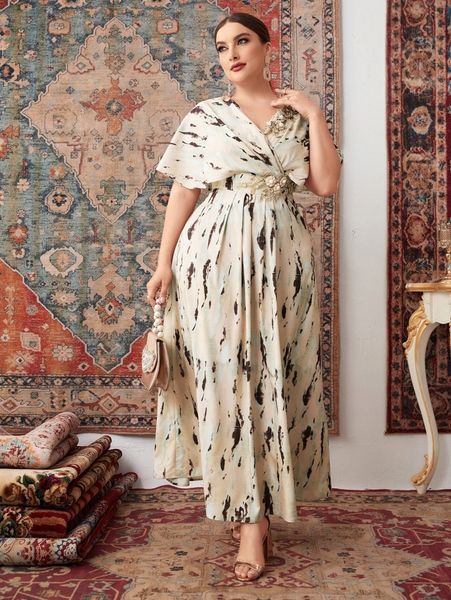 

plus tie dye embroidered applique pearl beaded cloak sleeve dress k3si#, Black