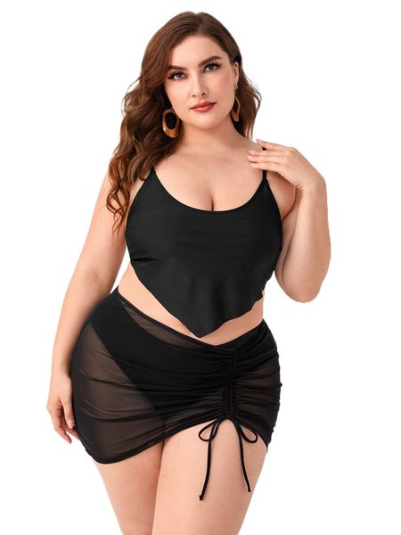 

plus 3pack hanky hem drawstring bikini swimsuit f6qg#, White;black