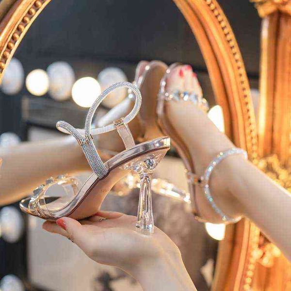 

2022 summer comfort ladies high heels wedding shining sandals crystal cute sandals fashion outdoor party shoes 34-40 y220624, Black