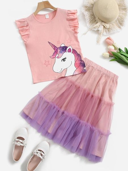 

girls unicorn print ruffle armhole and colorblock mesh skirt set she, White