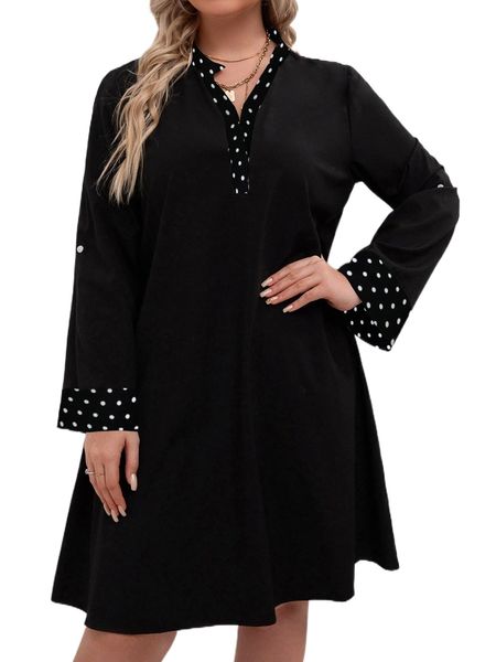 

plus polka dot roll tab sleeve tunic dress j5zg#, Black