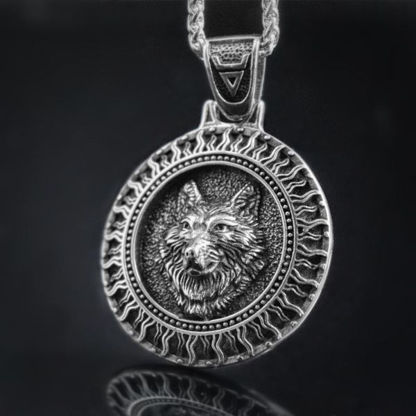 

pendant necklaces eyhimd nordic black sun veles wolf stainless steel viking rune talisman slavic scandinavian amulet jewelry, Silver