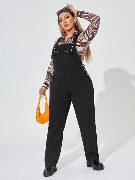 

plus zip pocket denim overalls without k6rc#, Black;white