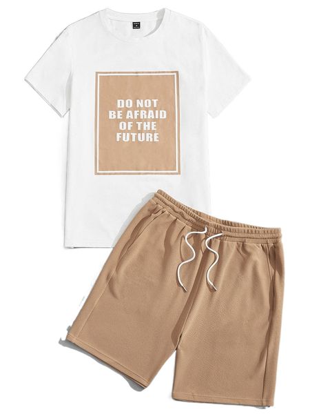 

men slogan graphic tee & track shorts set 06kd#, Gray