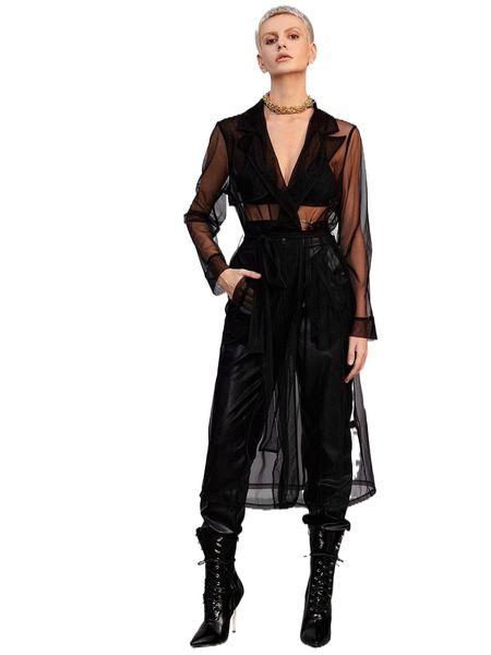 

sheer mesh lapel collar belted coat u2jc#, Black