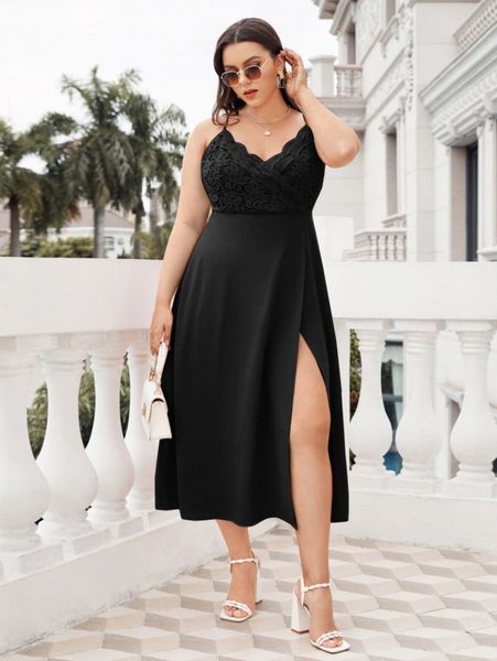 

plus lace panel crisscross back split thigh dress p6gq#, Black