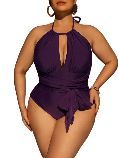 

plus cut out tie backless halter one piece swimsuit 457y#, White;black