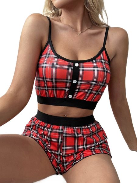 

plaid print button detail cami & shorts pj set y50n#, Black;red